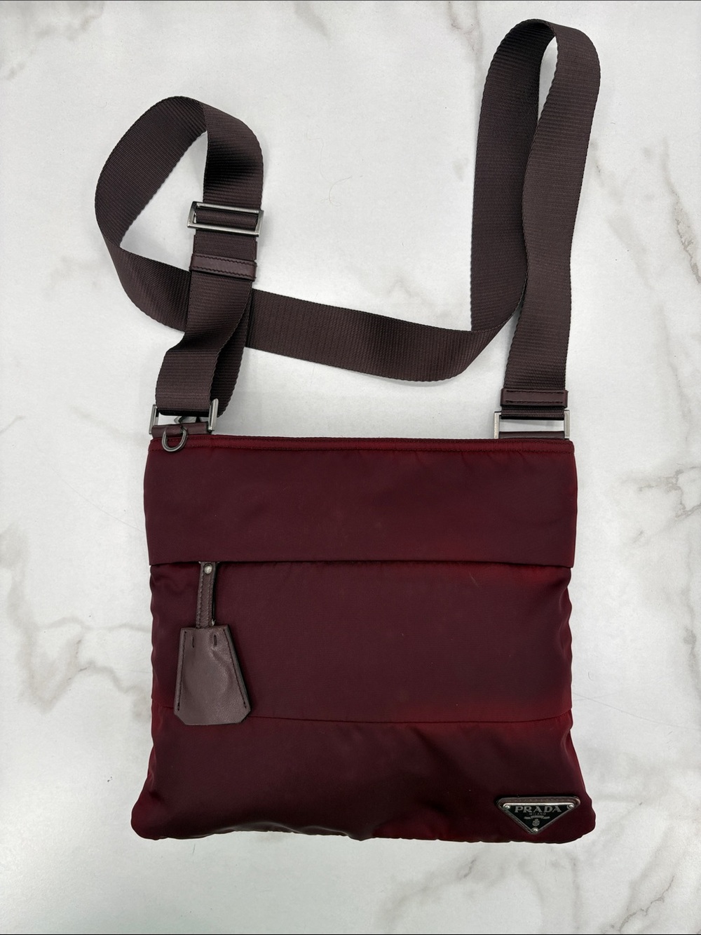 Prada Burgundy Nylon Shoulder Crossbody with Brown Strap